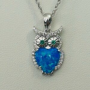 Sterling Silver Opal Heart Owl Pendant Necklace 18" Chain NWT